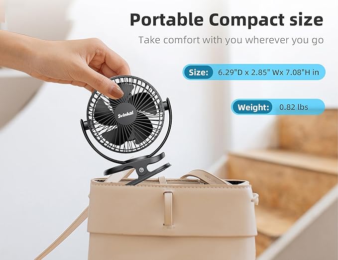 USB Personal Clip on Fan 5000mAh Battery Operated 6in, Type C, 3 Speed, 720° adjustment, Small Portable Fan for Table, Bedroom, Desk, dormitory, Camping, Stroller, Golf Cart