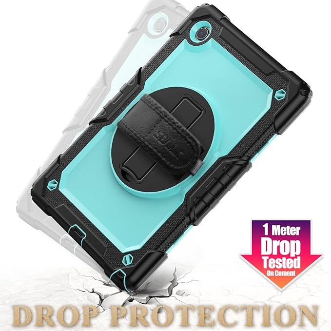 SEYMAC stock Case for Samsung Galaxy Tab A8 10.5'', Full-Body Drop Protection Case with Screen Protector Pencil Holder [360° Rotating Hand Strap] &Stand, SkyBlue+Black
