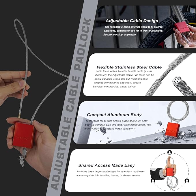 Cable Padlock with 3 Keys | L 1.15ft(0.35m),D 1/6in(4mm) Adjustable Steel Cable Lock | Aluminum Locks for Bikes, Gate, Lockers & Outdoor Gear | Weatherproof & Silver
