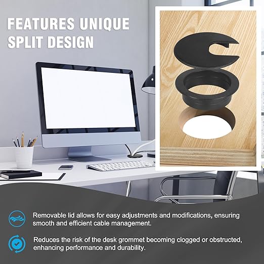 2" Black Desk Grommet, JTemgle Plastic Cable Hole Cover Computer Table Cord Wire Organizer Caps Desktop Cord Management for Home Office TV Stands Tabletops, 5 Pieces