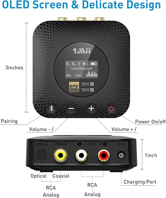 1Mii B06HD+ Hi-Res Bluetooth 5.1 Music Receiver for Home Stereo w/LDAC, Hi-Fi Bluetooth Adapter w/Audiophile DAC aptX HD Volume Control OLED Display, Wireless Audio Adapter for AV Receiver/Amplifier