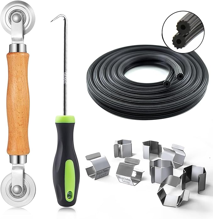Screen Repair Kit, King&Charles 4 in 1 Screen Roller Tools with Bearing & Removal Hook & Clips(8 pcs) & Spline(32 ft) and User Manual, for Install/Replace Door Window Mesh