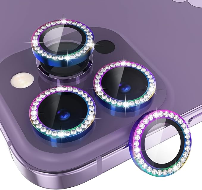 Choiche [3+1 for iPhone 14 Pro/iPhone 14 Pro Max Camera Lens Protector Bling, 9H Tempered Glass Camera Cover Screen Protector Metal Ring Decoration Accessories (Diamond-Colorful)