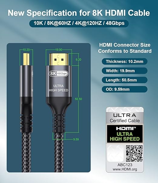 Certified 10K 8K HDMI 2.1 Cable 16.4 FT, 48Gbps Ultra High Speed HDMI Cable with Ethernet 4K 240Hz 165Hz 144Hz 120Hz 8K60Hz eARC HDCP2.3 HDR10+ PC Laptop TV Monitor Projector