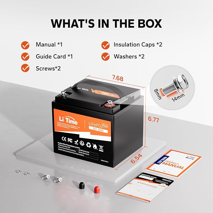 LiTime 12V 50Ah LiFePO4 Lithium Battery 12.8 Volt Deep Cycle Battery, 4000+ Deep Cycle, for Boat Marine Trolling Motor Camping(14.6V10A LiFePO4 Charger Included)