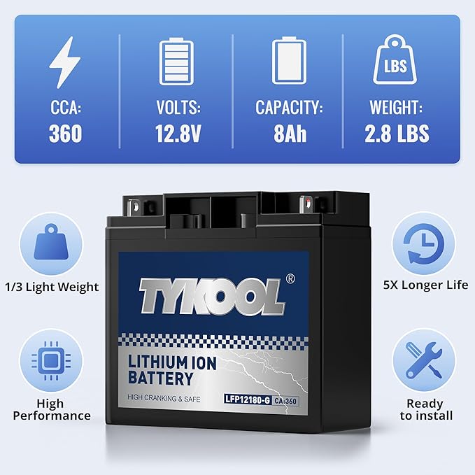 TYKOOL 12180-G LiFePO4 Powersports Battery, 360CCA,8Ah,Built in BMS,Compatible with generator battery