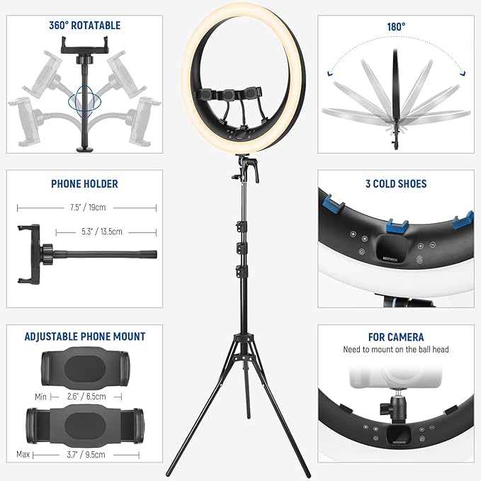 NEEWER RP19H 19" Ring Light with Tripod Stand/3 Phone Holders/Cleaning Cloth Compatible with iPhone, 2.4G Touch Control LED Ringlight for Video Recording Studio Streaming Zoom Selfie Makeup Lighting