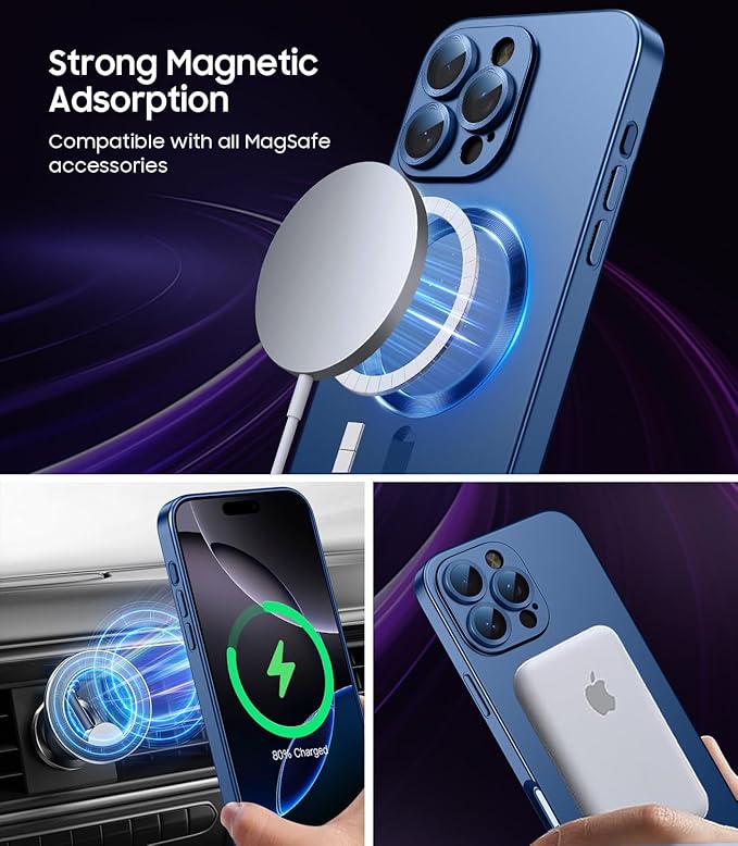 Magnetic for iPhone 16 Pro Max Case [Compatible with MagSafe][Built-in Camera Lens Protector] Slim Soft Silicone Bumper Shockproof Metallic Luster Phone Case (Blue)