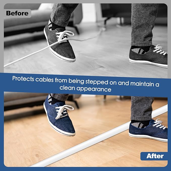 Floor Cord Cover for Wires on Floor Self Adhesive Cord Hider Floor Cable Management Wire Covers for Cords Protector Prevent Cable Trips Cord Cavity W 0.47" x H 0.27", White, 3.3Ft