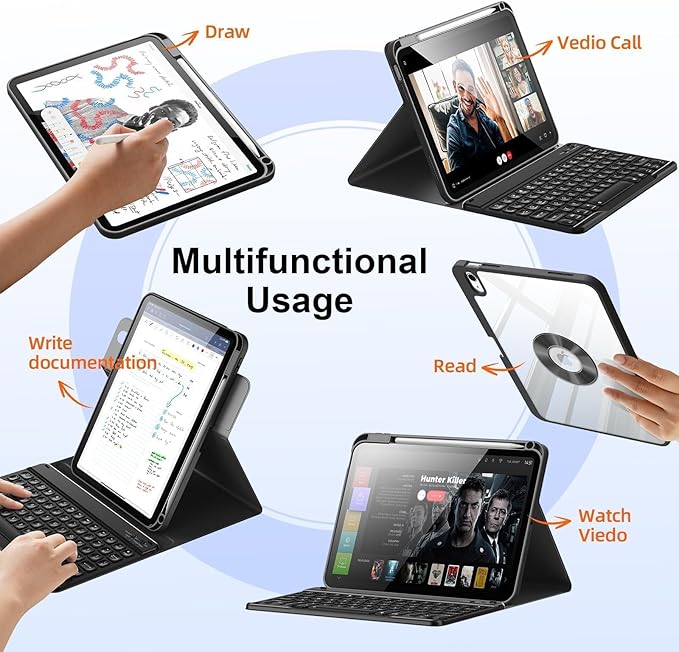 for iPad 11th 10th Generation Case with Keyboard, Magnetic 720° Rotatable Cover Detachable Wireless Bluetooth Backlit Keyboard with Pencil Holder for iPad 11 inch A16 2025 & 10.9 inch 2022 -Black