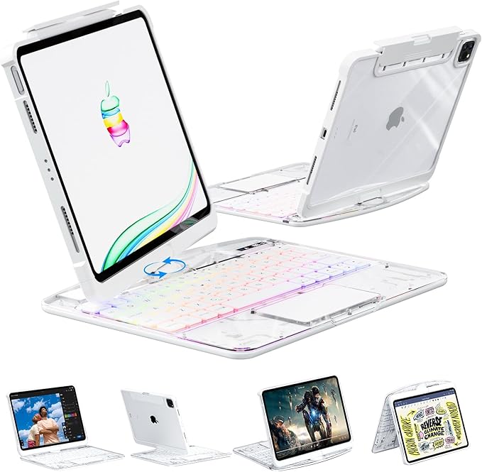 KARTICE Transparent 360 Keyboard Case with Wireless Keyboard for iPad Pro 13 2024 13 inch, Multi-Touch Trackpad, 7 Color Backlight, 360° Rotating Stand with Pencil Holder for iPad Pro 13