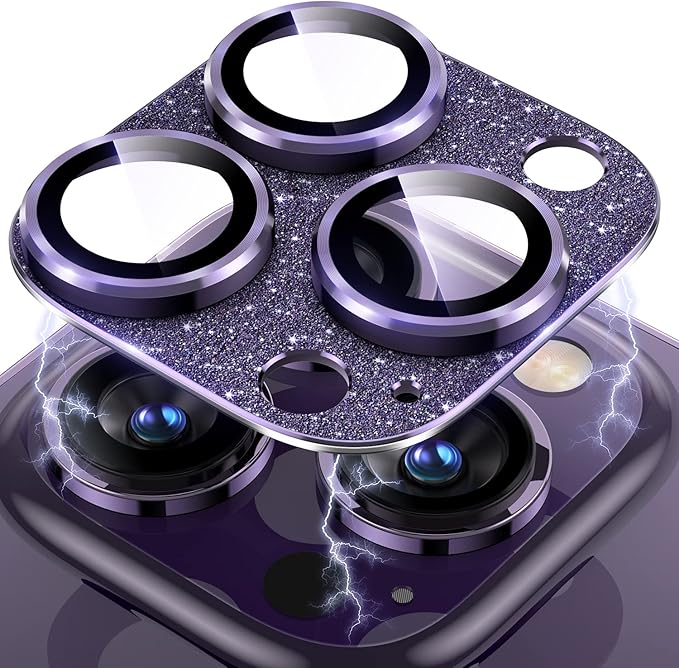 Uyiton for iPhone 14 Pro/iPhone 14 Pro Max Camera Lens Protector, [Drop Protection] 9H Tempered Glass Camera Cover screen Metal Ring Case Friendly Scratch Resistant Easy to Install - Glitter Purple