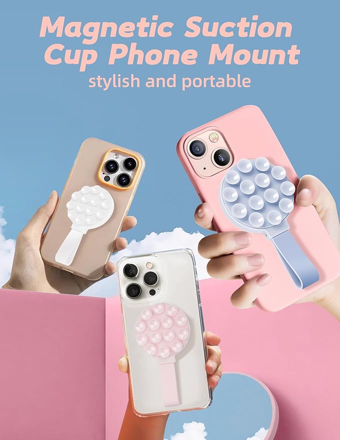 Magnetic Suction Phone Case Mount, Silicone Suction Cup Grip Stand for MagSafe Case, Hands-Free Phone Holder for iPhone 16/15/14 Pro Max, TikTok Videos, Selfies, Women Gift (Light Pink)911001A (Pink)