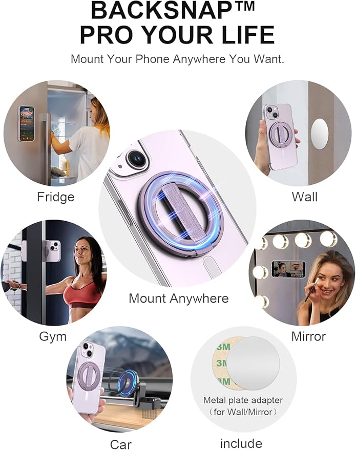 EWA MagOne Ultra Phone Grip Stand with Replaceable Elastic Finger Loop, Removable Magnetic Ring Holder Kickstand Loop, Accessories for iPhone 16, 15, 14, 13 Pro/Max/Plus (Purple)