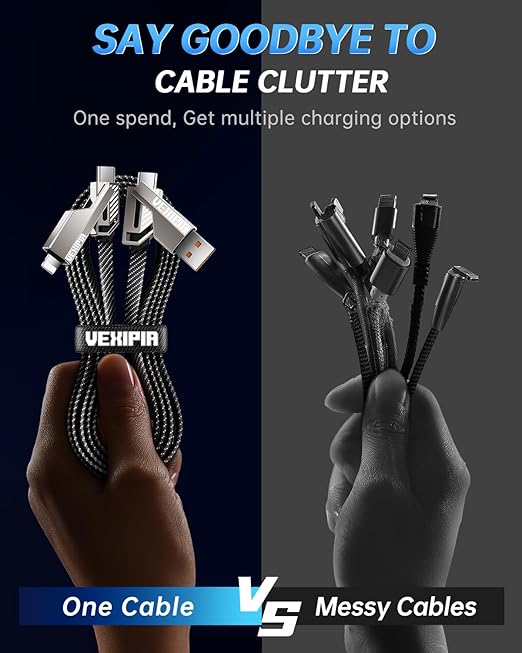 [Upgraded] 4-in-1 USB C Cable 60W 5FT Lightning Cable Fast Charging Flat Nylon Braided for iPhone iPad Charger Cord [480Mbps Data Sync] Multi Charge Wire Combo with Lightning/Type C/USB A Port