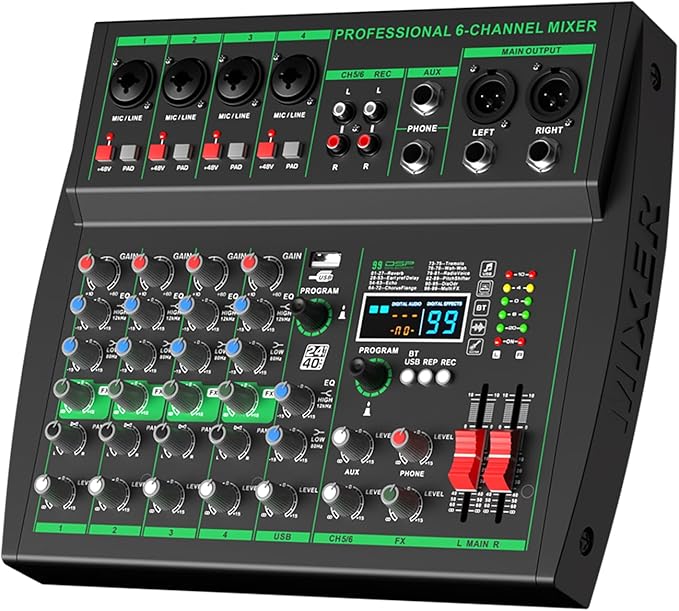 MW-6 black 6-Channel Professional DJ Audio Mixer Portable Controller Mixer with DSP 99 Preset Effects for Live Streaming, Podcasting, Home Party