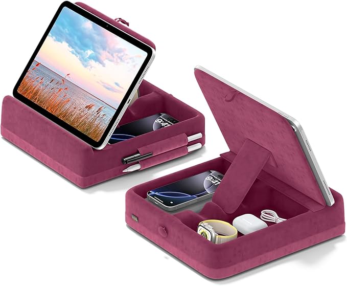 KDD Tablet Pillow Stand with Storage, Foldable iPad Holder for Lap, Desk and Bed, Angle Adjustable Soft Pad Dock with Stylus Mount Compatible with iPad Pro, Air, mini, Book, Phone and Tablet (4-13")