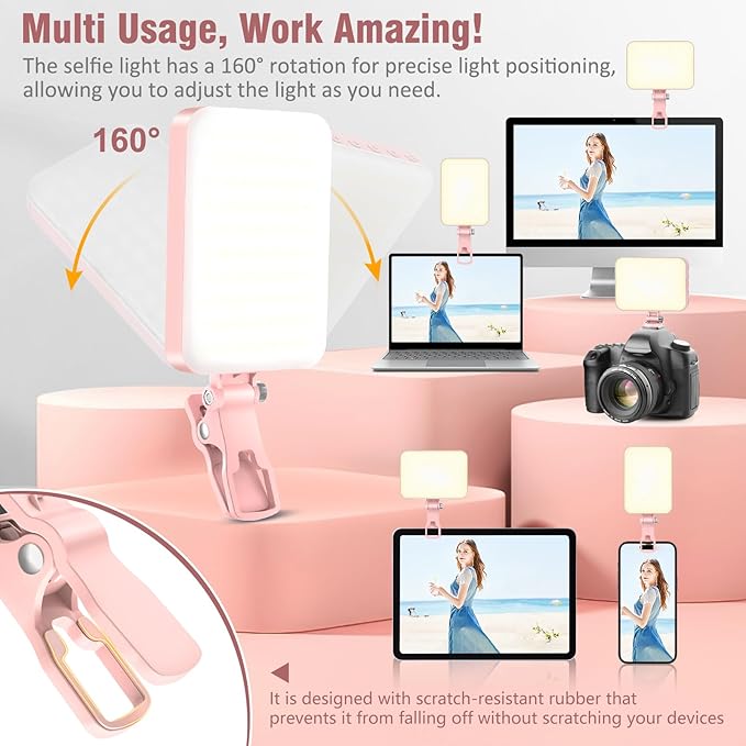 60 LED Portable Selfie Light Video Conference Lighting with Clip & Camera Tripod Adapter Rechargeable 2200mAh CRI 97+, 9 Light Modes for Phone iPhone Webcam Laptop Photo Makeup