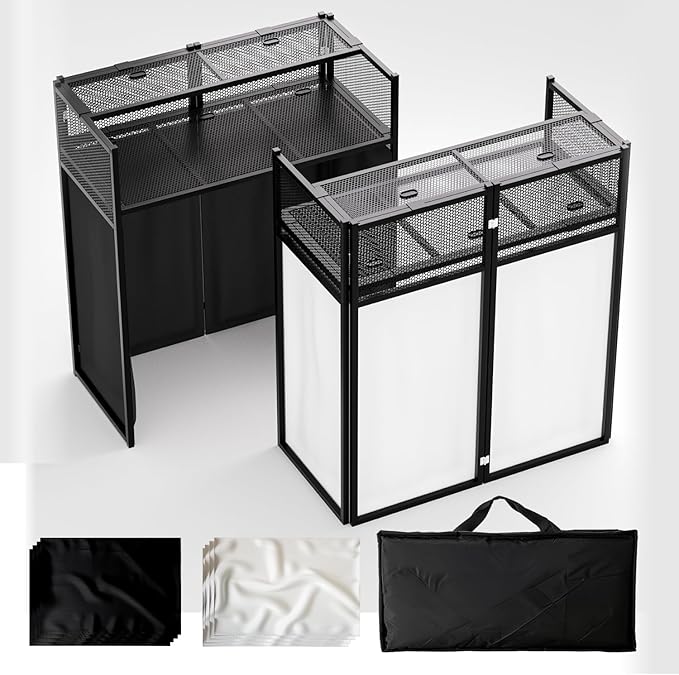 Portable DJ Booth Table,Foldable DJ Table Stand with White & Black Scrim,Adjustable DJ Facade Booth Station Metal Frame with Cable Hole for Private Events, Clubs, Bars (40x20 Double Deck)