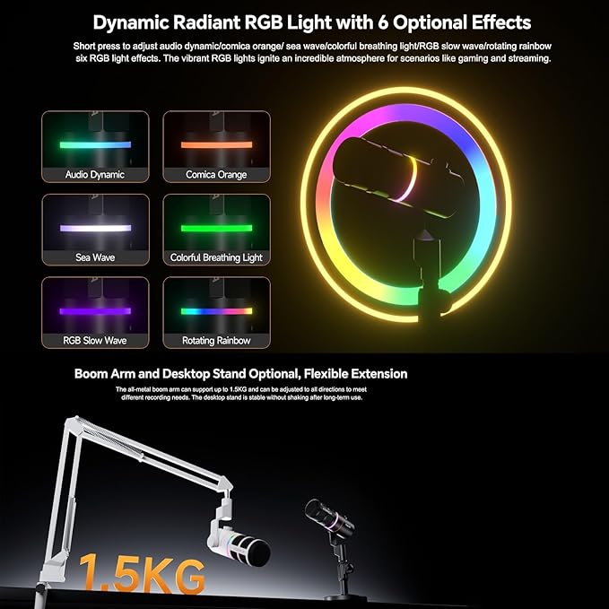 COMICA EJoy D10 D USB/XLR Dynamic Microphone with RGB Lighting &CalMix Denoise &Mute Button- Studio-Quality Cardioid Mic with Desktop Stand for Gaming, Streaming, Podcast,YouTube(PC/PS5/Xbox/Mac)Black