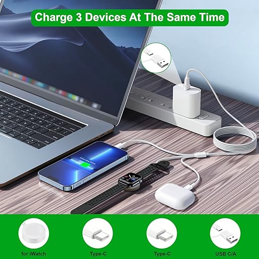 Upgraded 3 in 2 USB C Cable for Apple Watch Charger (4FT/1.2M) Travel USBC Multi Fast Charging Cord Compatible with iWatch Ultra 2/SE 2/10/9/8/7/6/5/4/3/2/1, iPhone 16/15 Pro Max Plus, iPad, AirPods