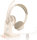 Wireless Headset with AI Noise Cancelling Microphone Bluetooth Headset - Bluetooth V5.2 Headphones with USB Dongle, Charging Base & Mic Mute for Computer/Laptop/PC/iPhone/Android/Cell Phones-White