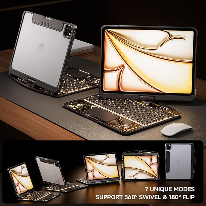 Transparent Case with Keyboard for 2024 iPad Pro 11-inch (M4),with 7-Color Backlit Wireless Keyboard, 360°Rotatable Protective Case Multi-Touch Trackpad,with Pencil Holder,with Shortcuts,Black