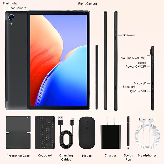 Tablet,10.1" Android 15 Tablet with Octa-core Processor 24GB RAM 128GB ROM HD IPS Touchscreen 8H Battery, Wi-Fi 6, BT 5.0, Dual Camera, Android 15 Tablets with Keyboard Mouse Stylus Case Headphone