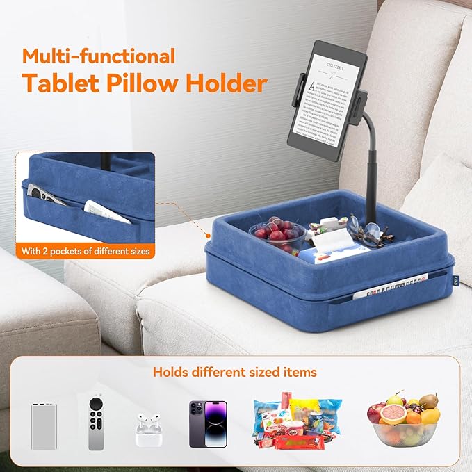 KDD Tablet Pillow Holder - 360°Adjustable iPad Pillow Stand for Lap, Bed and Desk - Gooseneck Tablet Soft Pad Dock with Storage Tray and Pocket Compatible with iPad Pro 12.9, Air Mini, Phone,(Blue)