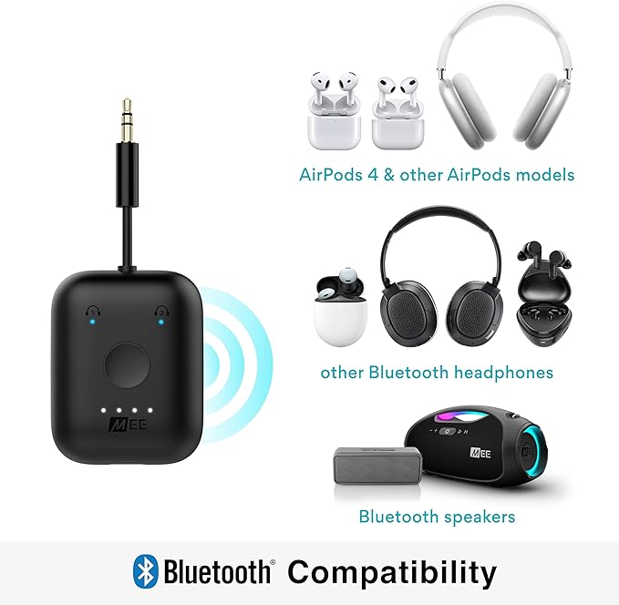MEE audio Connect Air in-Flight Bluetooth Wireless Audio Transmitter Adapter for up to 2 AirPods/Other Headphones; Works with All 3.5mm Aux Jacks on Airplanes, Gym Equipment, TVs, & Gaming Consoles