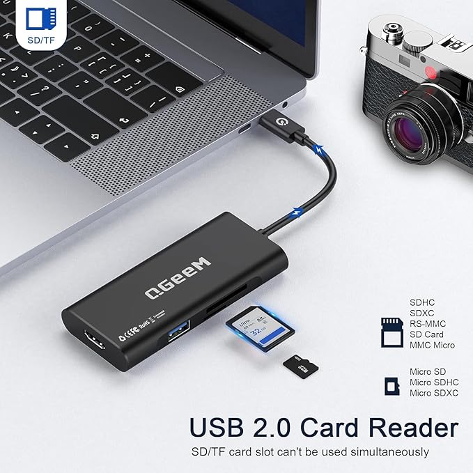 USB C Hub, QGeeM USB 4k to HDMI Adapter, 7 in 1 USB-C Dongle with 100W PD,USB 3.0, Card Reader, Compatible for MacBook iPhone 15/16 Ipad Pro max,Chromebook Laptop USB Type C Dock-Black