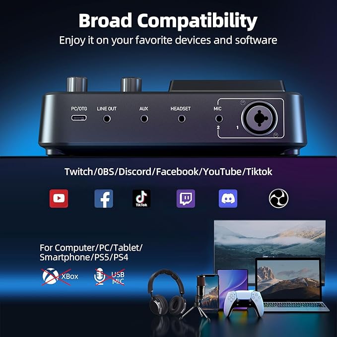PUPGSIS Gaming Audio Mixer, Audio Interface for PC/Podcast/Streaming, Sound Board with 3.5mm/XLR Mic Input, 48V Phantom Power, Voice Changer, Live Sound Card with DJ Mixer Effects/Bluetooth/4 Channel