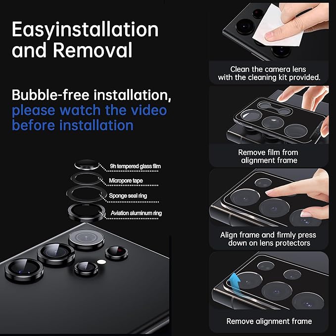 For Samsung Galaxy S23 Ultra Camera Lens Protector, Individual Lens Protector, Ultra HD 9H Tempered Glass Screen Protective Cover, Anti-scratch, Military Grade Drop Protection 2 Set. (Glitter Black, S23 Ultra)