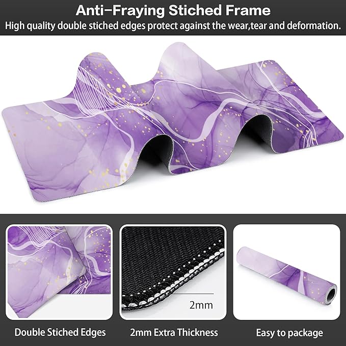 Watercolor Purple Marble Desk Mat,Large Violet Marble Texture Gaming Keyboard Mouse Pad,Non-Slip Rubber Base Desk Pad Thick Stitched Edges Waterproof Mousepad Mouse Mat 31.5"x11.8"