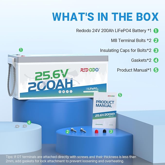 Redodo 24V 200Ah LiFePO4 Lithium Battery, Built in 200A BMS, Max. 5120Wh Energy, Up to 15000 Deep Cycle Lithium Battery, Perfect for Solar Home System, RV, Off Grid, Marine