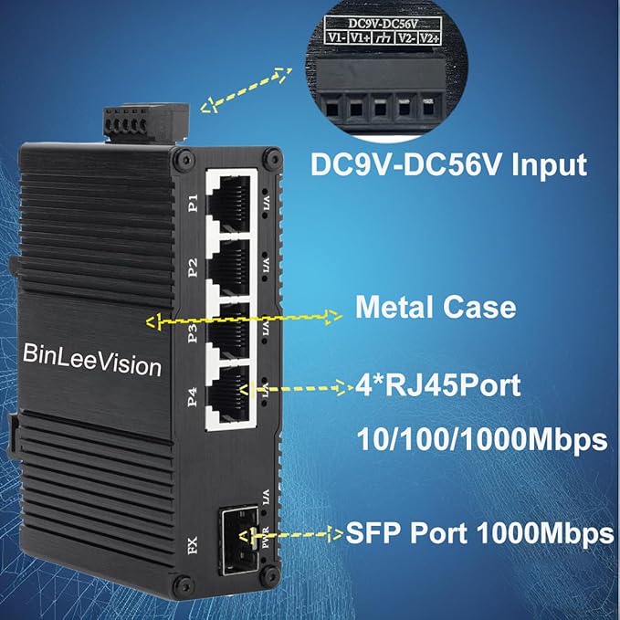 Industrial Mini Gigabit Ethernet Switch 4-Port RJ45 10/100/1000BASE-T+1-Port SFP Slot,Unmanaged Network Switch,Network Hub,Dinrail Mount or Wall-Mount,Plug & Play,Fanless (4 RJ45+1 SFP)