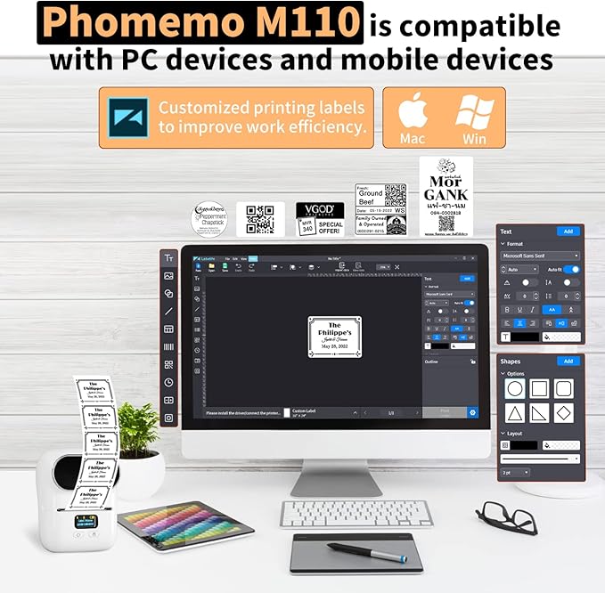 Phomemo Thermal Label Maker - M110 Barcode Label Printer Portable Bluetooth Labeler Maker Machine for for Small Business, Address, Logo, Clothing, Mailing, with 40x30mm Label, Pink