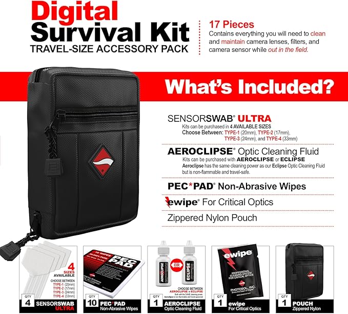 Photographic Solutions Digital Survival Kit - Type-4 (33mm) Sensor Swabs, PEC-PAD Photo Wipes, E-Wipe Packet, Aeroclipse Optic Cleaner Non-Flamable Solution - Camera Cleaning Kit with Travel Bag
