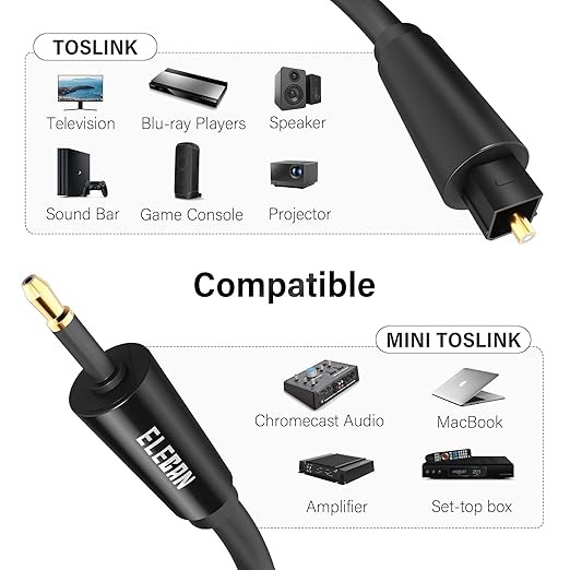 Elecan Mini Toslink to Toslink Digital Optical S/PDIF Audio Cable 10 Ft, Gold Plated Soft Flexible Fiber Optic Cable,Signal Protection PVC,Surround Sound for Soundbar,Home Theater,Hi-Fi System+Ties MI