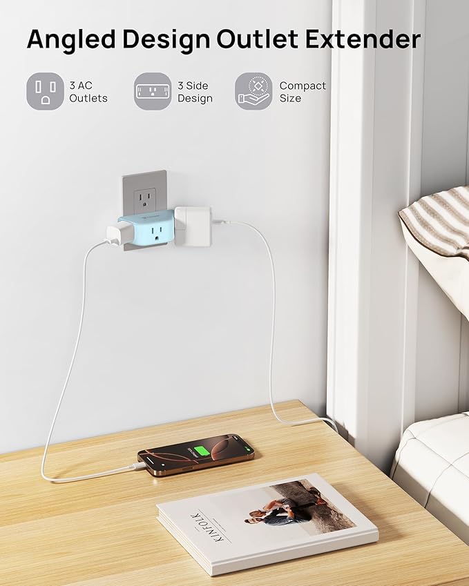 TROND Outlet Extender, 3 Way Angled Plug Splitter, 3-Prong Grounded Wall Outlet Adapter, Cruise Essentials, Compact and Practical Plug Expander for Home Decoration Travel Essentials, Mint Green