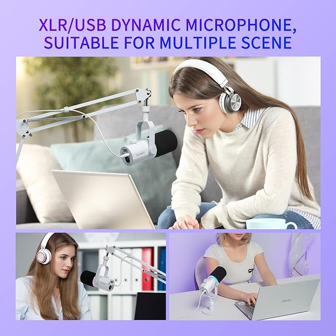 FEELWORLD PM1 XLR USB Dynamic Microphone Gifts for Podcast Recording PC Computer Gaming Live Streaming Vocal Voice-Over, Studio Metal Mic with RGB Light, Mute Button, Headphones Jack (White)