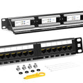 AMPCOM Premium Series CAT6 24 Ports Patch Panel, Rack Mount - 1U, 19 inch, RJ45 Ethernet 568A 568B, 15u Gold Plated, with Rear Cable Support Bar