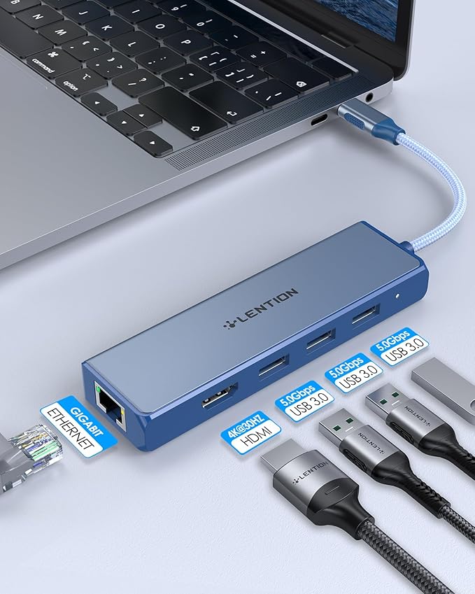 LENTION USB C Hub with Gigabit Ethernet Adapter, 4K HDMI, 3 USB 3.0 for 2023-2016 MacBook Pro 13/14/15/16, New Mac Air & Surface, Chromebook, More, Stable Driver Certified (CB-C25, Blue)