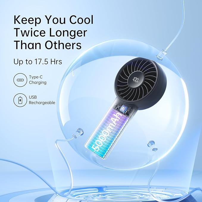 JISULIFE Handheld Fan Life4, 5000mAh Portable Rechargeable Fan, 5-Speed Turbo Wind, 15 Hrs Cooling, LED Display, Gifts for Men/Women, Essential for Travel,Beach,Vacation,Makeup,Concerts,Cruise-Black