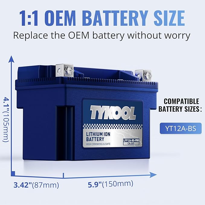TYKOOL YT12A-BS 360CCA,3X Cranking Amps,5X Life,High Performance LiFePO4 Lithium Motorcycle Battery,Fits for 1000cc Aprillia and Suzuki,Husqvarna 701 Vitpilen,KTM Adventure and Duke,People GT Scooter