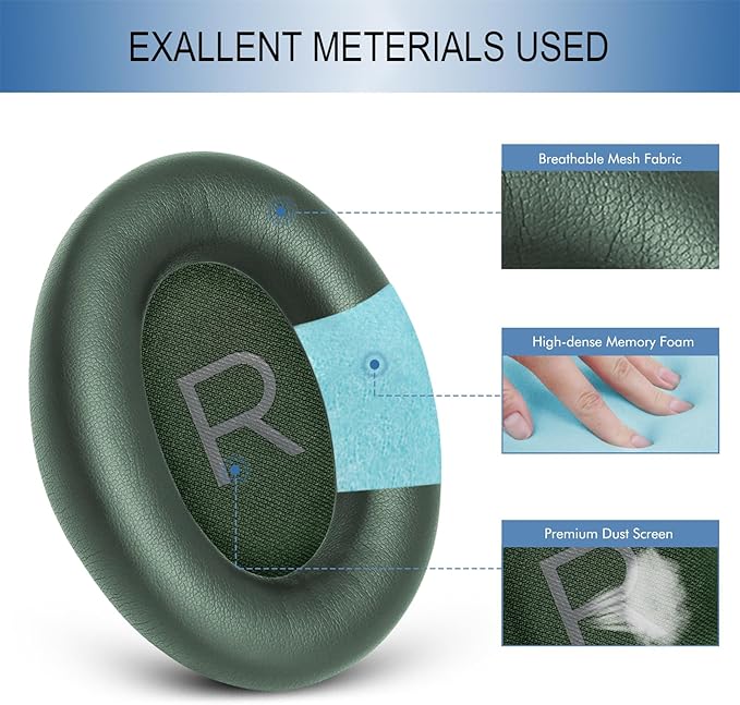 GEVO Replacement Ear Pads for Bose QC45, Ear Cushions for Bose QuietComfort 45 (QC45) & Quiet Comfort SE (QC SE) Headphones, Earpads with Softer Leather Noise Isolation Foam (Green)