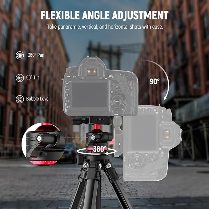 NEEWER Basics 66.5"/169 cm Travel Tripod for Camera, Lightweight Portable DSLR Stand with Ball Head, Arca Type QR Plate, Cell Phone Holder Compatible with iPhone Video Recording, Max Load 11 lb, TP12