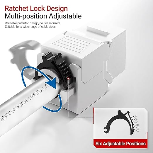AMPCOM CAT6 RJ45 Keystone Jack - Reusable UTP Ethernet Wall Jack with Adjustable Ratchet Lock Design, No Tool and Zip Tie Required - 50u Gold Plated - White (2-Pack)