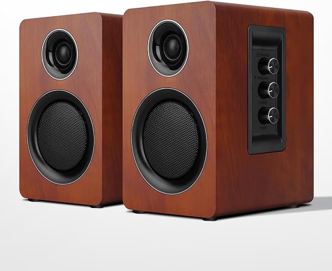 Computer Speakers for Desktop PC, Active Bookshelf Speaker with 3‘’ Carbon Fiber Woofer and Silk Film Tweeter ,Supports Bluetooth 5.3, USB-C, AUX/RCA Input for Record Player TV - Brown Stereo Set
