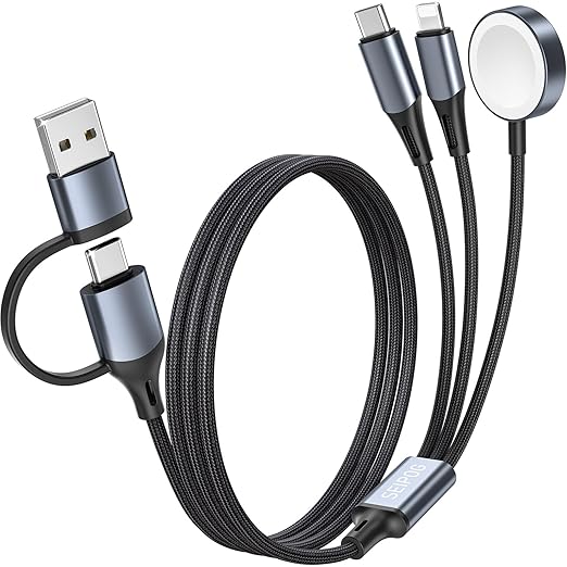 3 in 2 Multi Charging Cable for Apple Watch Charger, Nylon Braided 4FT Multi Chargers for All Devices, USB C Multiple Charger Cord Compatible with iPhone 16 15 14/iWatch UItra/SE/9-1/Galaxy Android